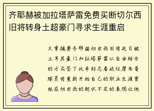 齐耶赫被加拉塔萨雷免费买断切尔西旧将转身土超豪门寻求生涯重启 齐耶赫被加拉塔萨雷免费买断切尔西旧将转身土超豪门寻求生涯重启